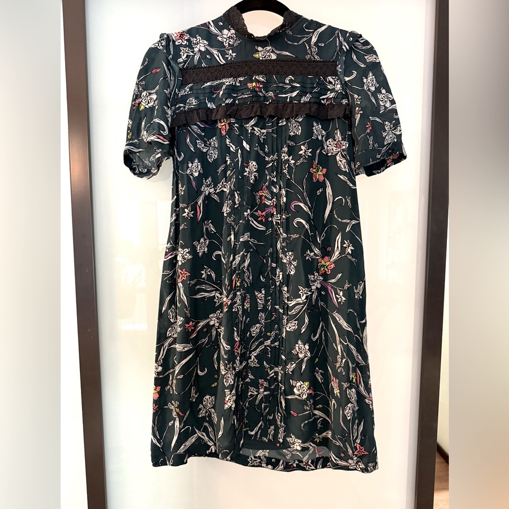 Anthropologie Teal Floral Dress with Black Lace